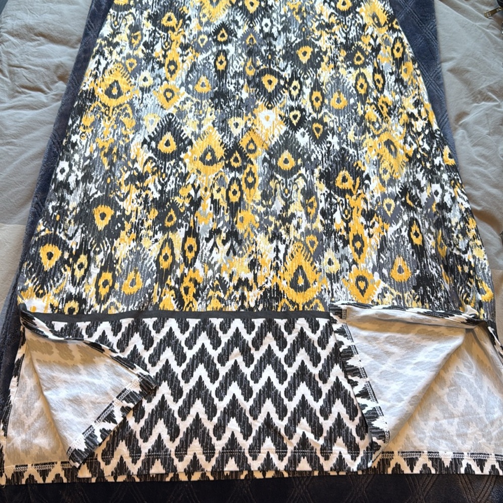 Denim & Co Yellow Black Geometric Ikat Midi Dress Side Slit Knit Petite LP - Picture 14 of 15
